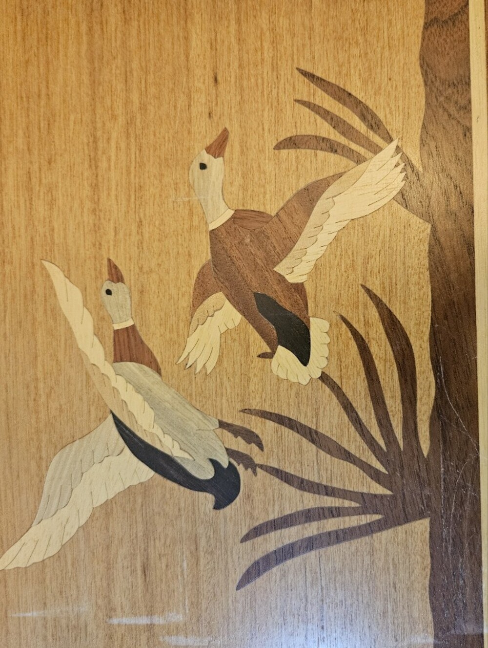 Vintage Marquetry Duck Design Wood Inlaid Serving Tray Farmhouse 17" X 11"